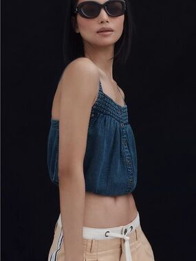 NWT Size M - Pilcro Chambray 100% Cotton ButtonFront Bubble-Hem Top (NWT US$ 88)